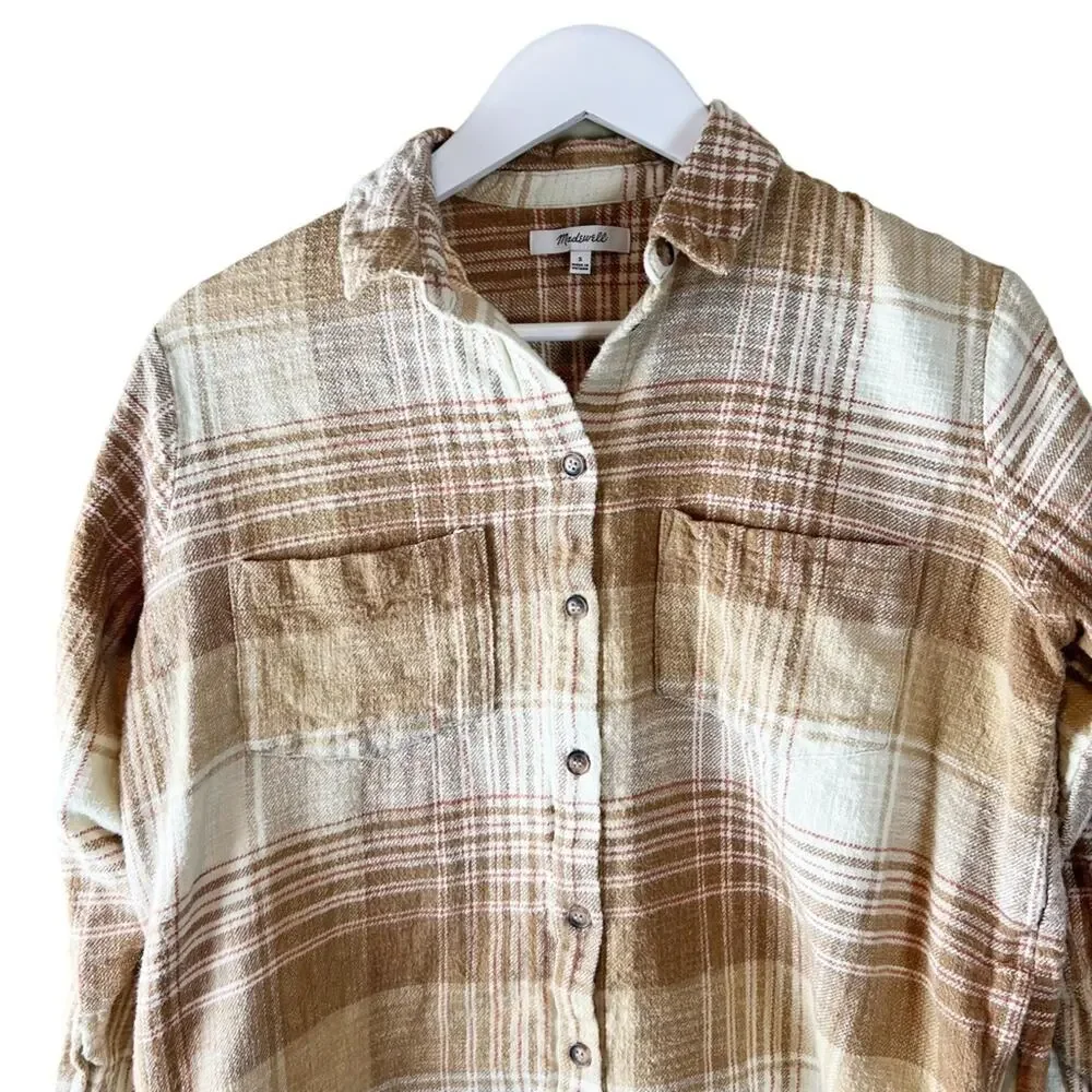 MADEWELL Slub Flannel Plaid Sunday Shirt in Earthen Sand sz‎ S - Picture 2 of 7